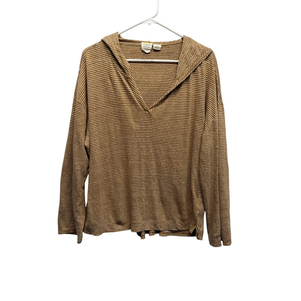 C&C California Hoodie 100% Linen Striped XL Brown Women